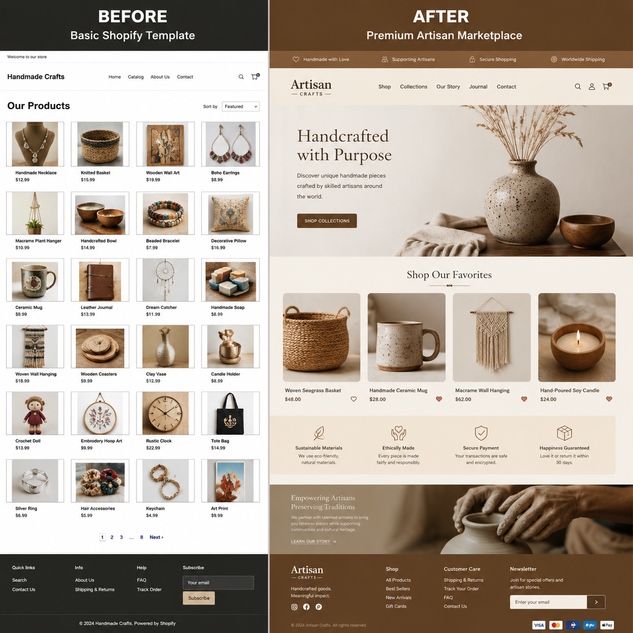 Oak and Clay Handmade Goods — before and after e-commerce redesign showcasing artisan products